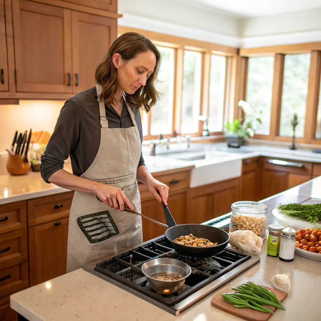 Sarah cooking in her kitchen